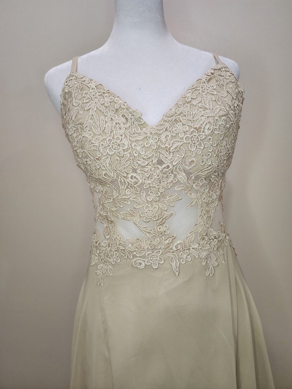 Champagne Lace Corset Back Prom Formal Gown Slit Sz M Homecoming Evening Dress